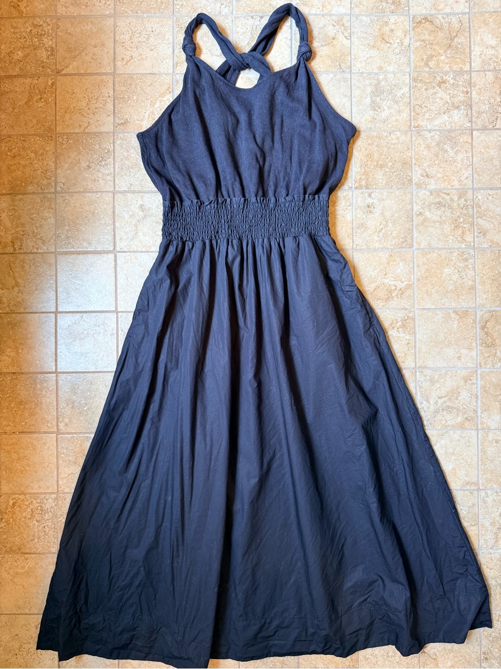 Joie Kenzie Dress Black “Caviar” Pockets Smocked Waist Stretch Linen Knit Top M